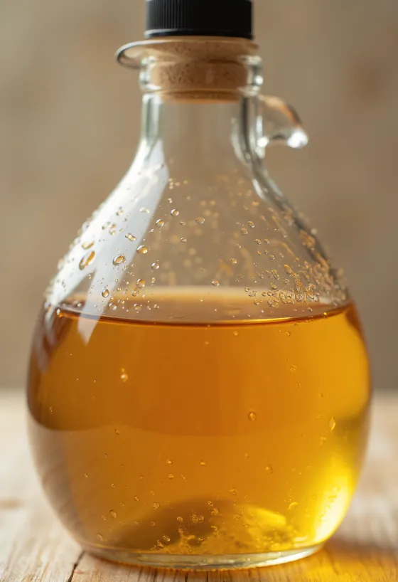 แอปเปิ้ลไซเดอร์ในขวดแก้ว พร้อมผลแอปเปิ้ลสดและตะกอนแม่เชื้อ (Mother of Vinegar)