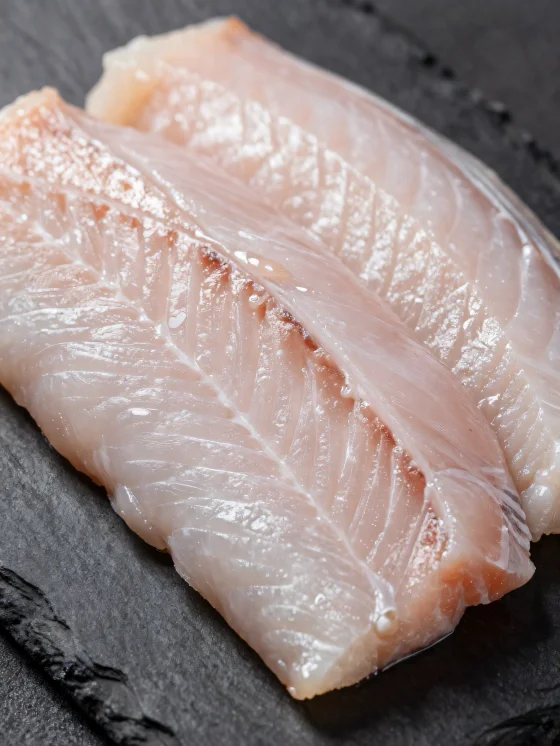 เนื้อปลาไหลสดแล่ชิ้นปรุงรสบนเขียงไม้