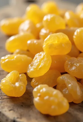 ลูกเกดสีทองในชามเซรามิก วางคู่กับองุ่นเขียวสด อัลมอนด์ และน้ำผึ้ง