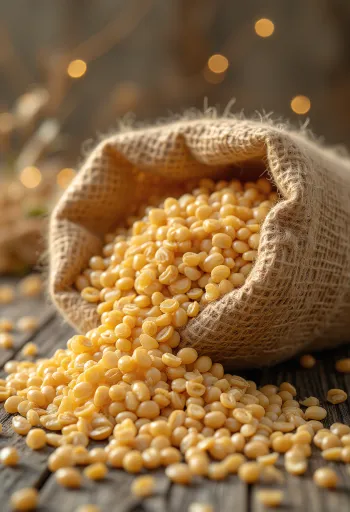 ข้าวบาร์เลย์กะเทาะเปลือกในถุงผ้าและบนโต๊ะ