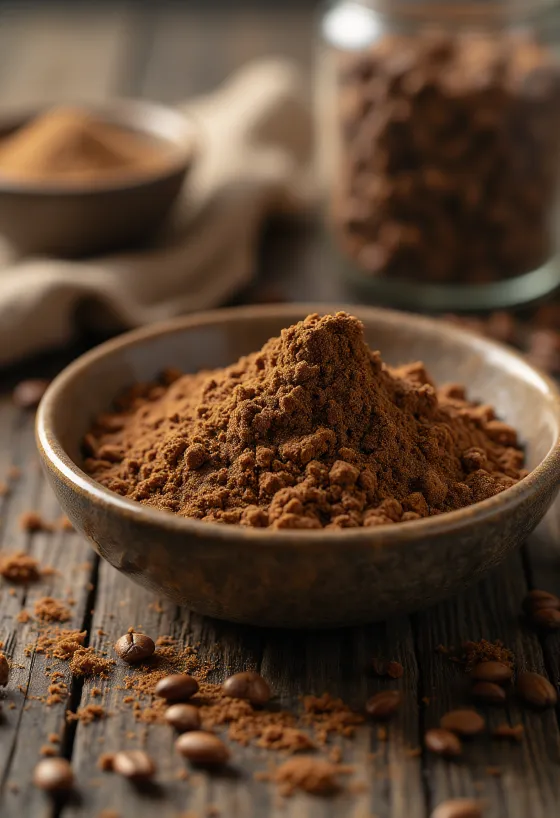เกล็ดกาแฟข้าวบาร์เลย์คั่วและเมล็ดข้าวบาร์เลย์ในช้อนไม้