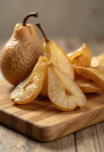 ลูกแพร์อบแห้งสีทองในชาม พร้อมลูกแพร์สด วอลนัท และอบเชย