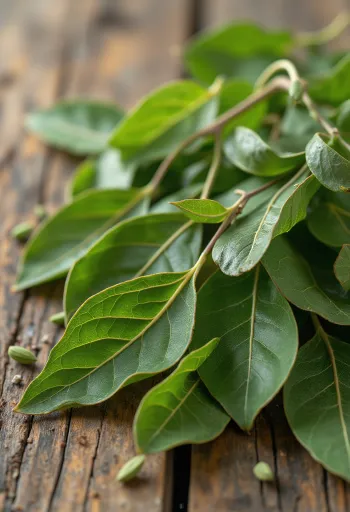 ใบกระวานแห้งวางบนเคาน์เตอร์ไม้ในครัว ดูเป็นธรรมชาติ