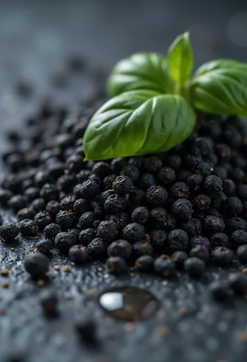 เมล็ดเบซิลแห้งในชามและเมล็ดที่แช่น้ำจนพองตัวในแก้ว