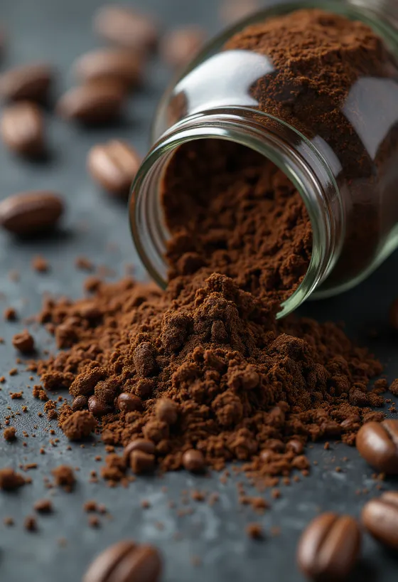 เกล็ดกาแฟชิโคริคั่วและรากชิโคริแห้งในช้อนไม้