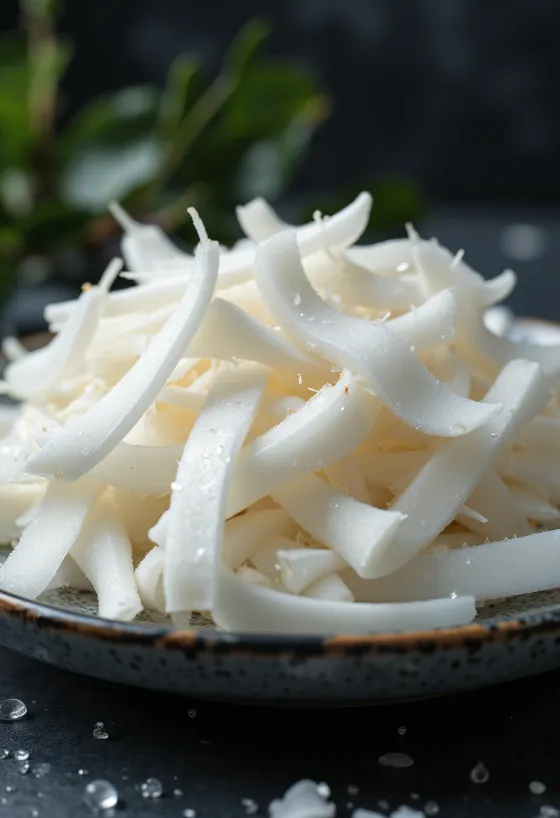เกล็ดมะพร้าวสดแผ่นขาว วางกองบนพื้นหลังสีขาว