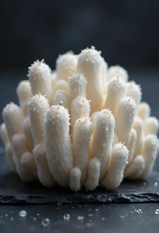 เห็ดหมึก (Shaggy Ink Cap) หั่นสไลซ์พร้อมปรุงวางบนเขียงไม้