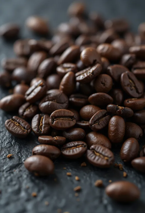 เมล็ดกาแฟคั่ววางกระจัดกระจายบนพื้นผิวไม้สไตล์รัสติก