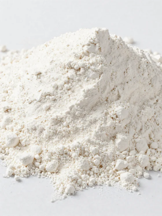 แป้งมะพร้าวสีครีมในถ้วยเซรามิก เนื้อเนียนละเอียด วางบนโต๊ะไม้