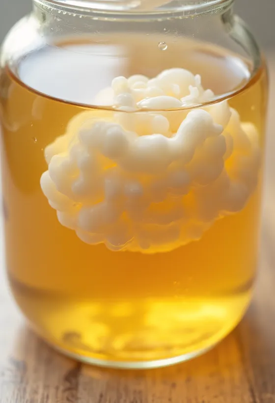ชุดทำคอมบูชา: แผ่น SCOBY ในโหลแก้ว ชาดำ และน้ำตาล