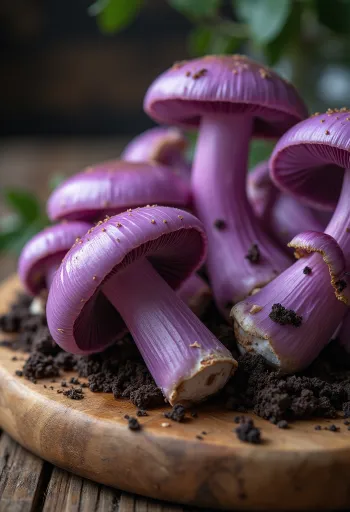 เห็ดวู้ดบิวอิต (Wood Blewit) หั่นสไลซ์วางบนเขียง