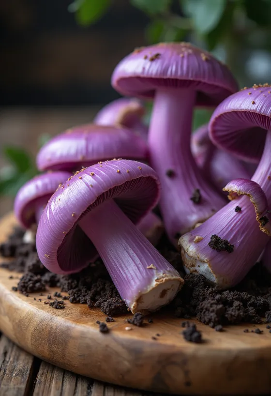 เห็ดวู้ดบิวอิต (Wood Blewit) หั่นสไลซ์วางบนเขียง