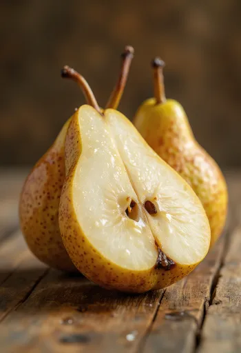 ลูกแพร์บอสค์สีน้ำตาลทอง ทั้งผลและฝานชิ้นบนเขียงไม้