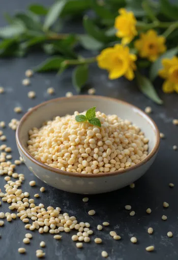 เมล็ดมัสตาร์ดสีขาววางกระจายบนเคาน์เตอร์ไม้ในครัว