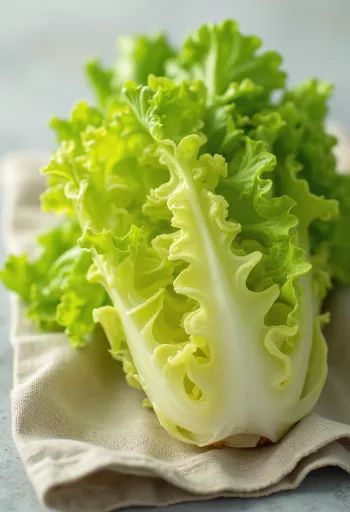 ผักฟริเซ่ (Frisée) ใบหยิกฟูสีเขียวไล่ระดับเหลือง บนเขียงไม้