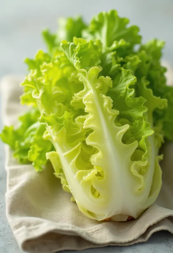 ผักฟริเซ่ (Frisée) ใบหยิกฟูสีเขียวไล่ระดับเหลือง บนเขียงไม้