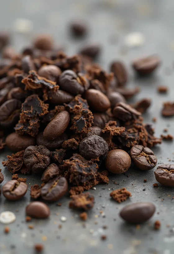 เกล็ดรากชิโครี่คั่วสีน้ำตาลเข้ม บนเขียงไม้