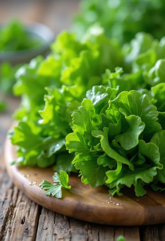 ผักสลัดคอร์น (Lamb's Lettuce) ใบเขียวสดบนเขียงไม้