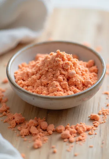 ผงอะเซโรล่าเชอร์รี่สีแดงสดในขวดแก้ววางคู่กับผลเชอร์รี่สด