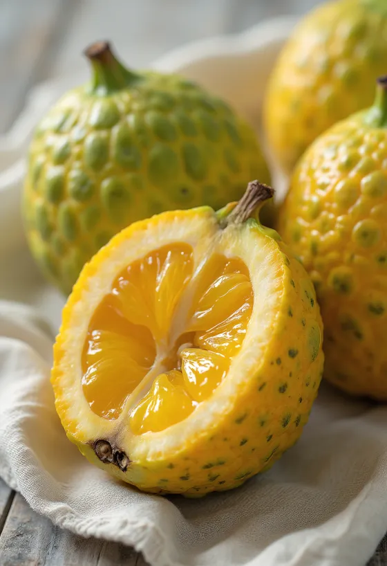 ส้มอั๊กลี (Ugli Fruit) ผิวขรุขระสีเหลืองเขียว เห็นเนื้อสีส้มฉ่ำน้ำด้านใน