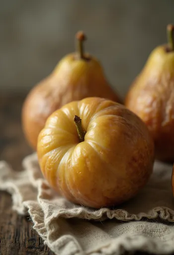 ผลเมดลาร์ทั้งลูกและผ่าครึ่ง เนื้อในสีน้ำตาลคล้ายเจลลี่ บนพื้นไม้