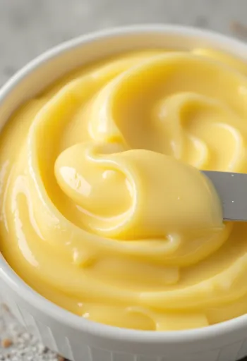 มาการีนจากพืชในถ้วยแก้วและปาดบนมีด บนโต๊ะไม้