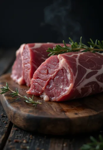 ชิ้นเนื้อกวางสดพร้อมจูนิเปอร์เบอร์รี่ โรสแมรี่ และกระเทียมบนพื้นไม้