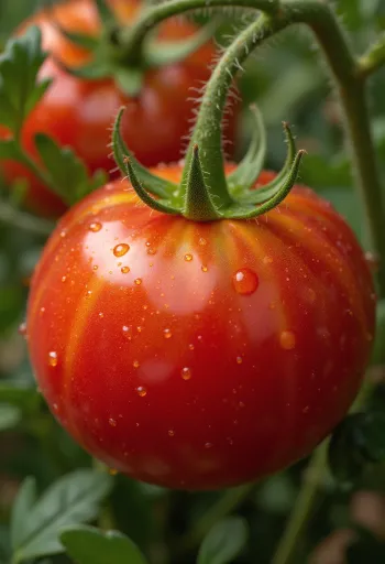 มะเขือเทศสดลูกแดงฉ่ำ วางบนโต๊ะไม้ มีทั้งลูกกลมและหั่นแว่น