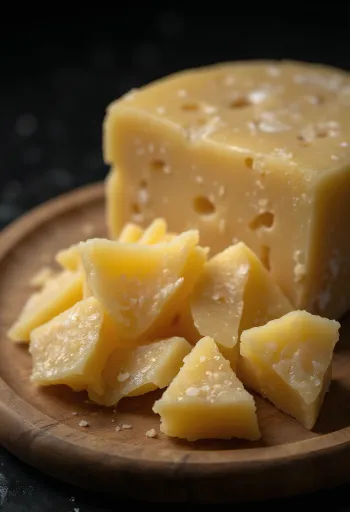 ชีสพาร์เมซานก้อนและแบบขูดฝอยบนเขียงไม้