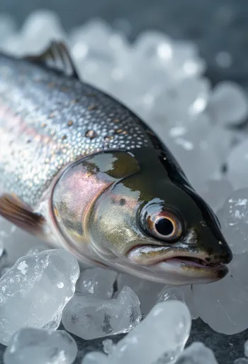 เนื้อปลาเทราต์แล่ชิ้นสดๆ พร้อมสมุนไพรและเลมอนบนเขียง