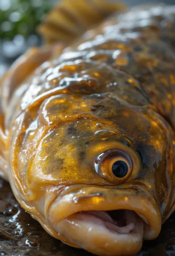 เนื้อปลาไนแล่ชิ้นสดๆ หมักเครื่องเทศและสมุนไพรบนเขียงไม้