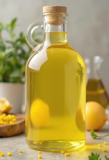 น้ำมันคาโนลาสีเหลืองทองในขวดแก้วและถ้วย