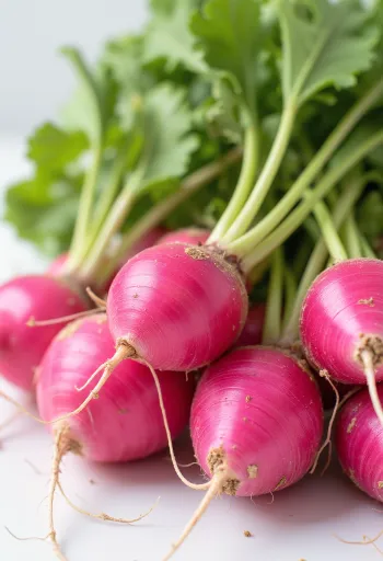 แรดิชสดหัวสีแดงพร้อมใบเขียว หั่นแว่นและวางทั้งหัวบนเขียง