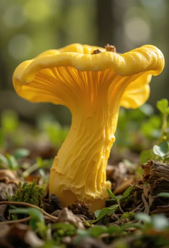 เห็ดชานเทอเรลสีเหลืองทองวางบนเขียงไม้ในครัว