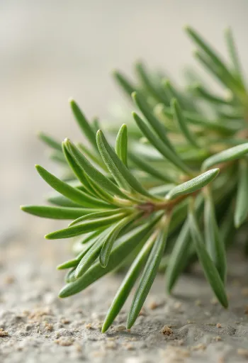 ใบโรสแมรี่แห้งและผงโรสแมรี่บดละเอียดบนโต๊ะไม้