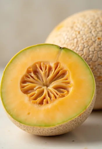 แคนตาลูปหั่นชิ้นเนื้อสีส้มพร้อมเมล็ดบนพื้นไม้