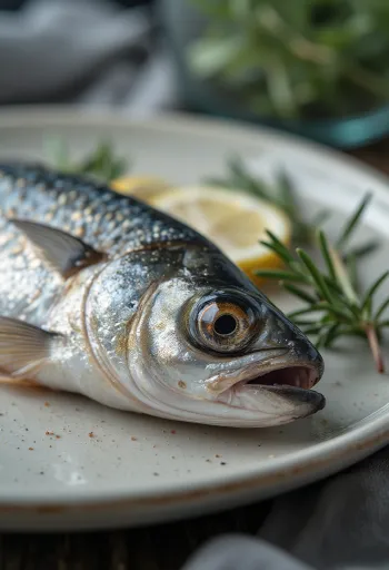 ปลาซาร์ดีนสดพร้อมมะนาว เกลือ และพาสลีย์บนเขียงไม้