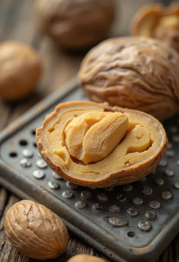 ลูกจันทน์เทศเต็มลูกและแบบบดในถ้วยบนพื้นไม้