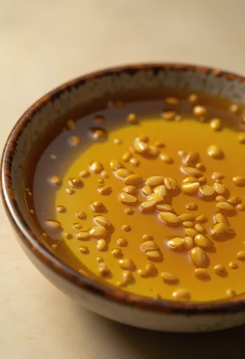 น้ำมันงาในขวดและถ้วย พื้นหลังสีอ่อน