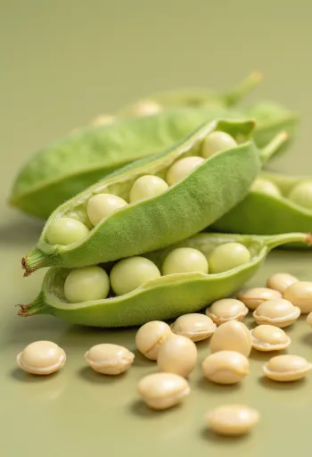 ถั่วเหลืองในชามเซรามิกและกระจายบนโต๊ะไม้ พร้อมฝักเอดามาเมะ