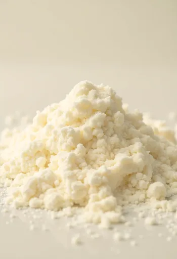 นมผงในชามไม้และช้อนไม้ พร้อมผงที่หกบนโต๊ะ