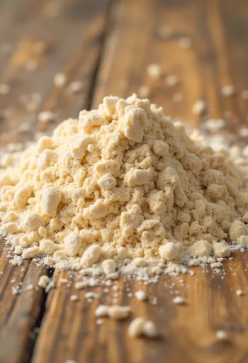 แป้งโฮลวีตในชามเซรามิกและกระจายบนโต๊ะไม้