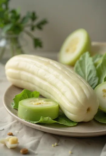 ฟักอ่อนสดผ่าซีกและทั้งลูกบนเขียงไม้