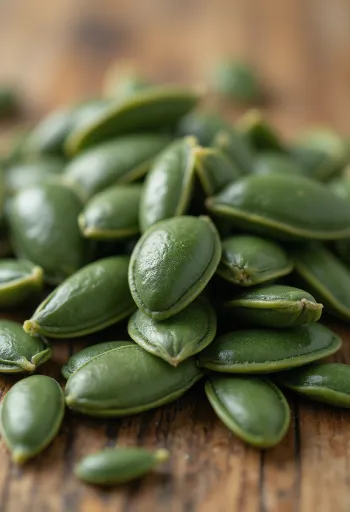 เมล็ดฟักทองกะเทาะเปลือกและทั้งเปลือกในถ้วยไม้