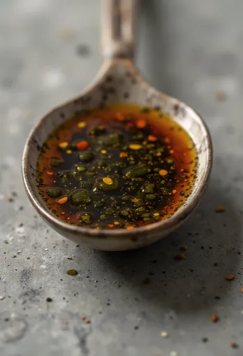 น้ำมันเมล็ดฟักทองสีเขียวเข้มในขวดและถ้วยเล็ก