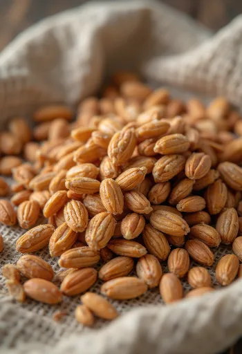 เมล็ดข้าวสเปลท์ดิบในถ้วยเซรามิกและบนพื้นไม้