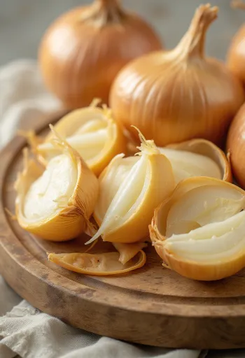 หอมหัวใหญ่สีแดงสดทั้งหัวและหั่นแว่นบนโต๊ะไม้