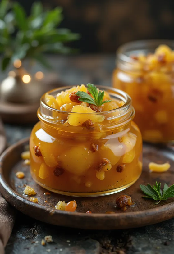 ชัทนีย์สับปะรดเปรี้ยวหวานในโหลแก้ว