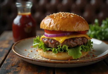 แฮมเบอร์เกอร์เนื้อย่าง เสิร์ฟพร้อมผักสลัด ชีส และมะเขือเทศ