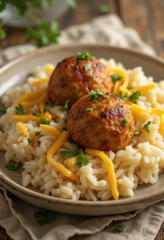 มีทบอลกับข้าวอบชีสจัดเสิร์ฟบนจาน